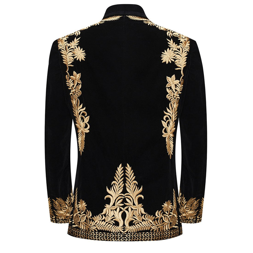 Men's Luxury Gold Embroidered Black Velvet Tuxedo