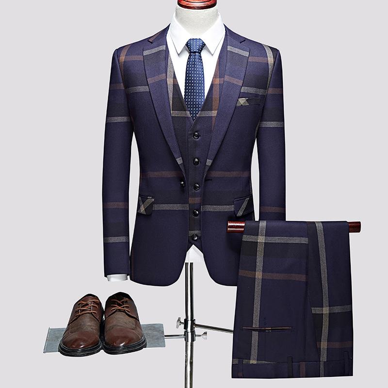 Men's One-Button Three-Piece Navy Plaid Business Suit