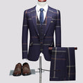 Men's One-Button Three-Piece Navy Plaid Business Suit