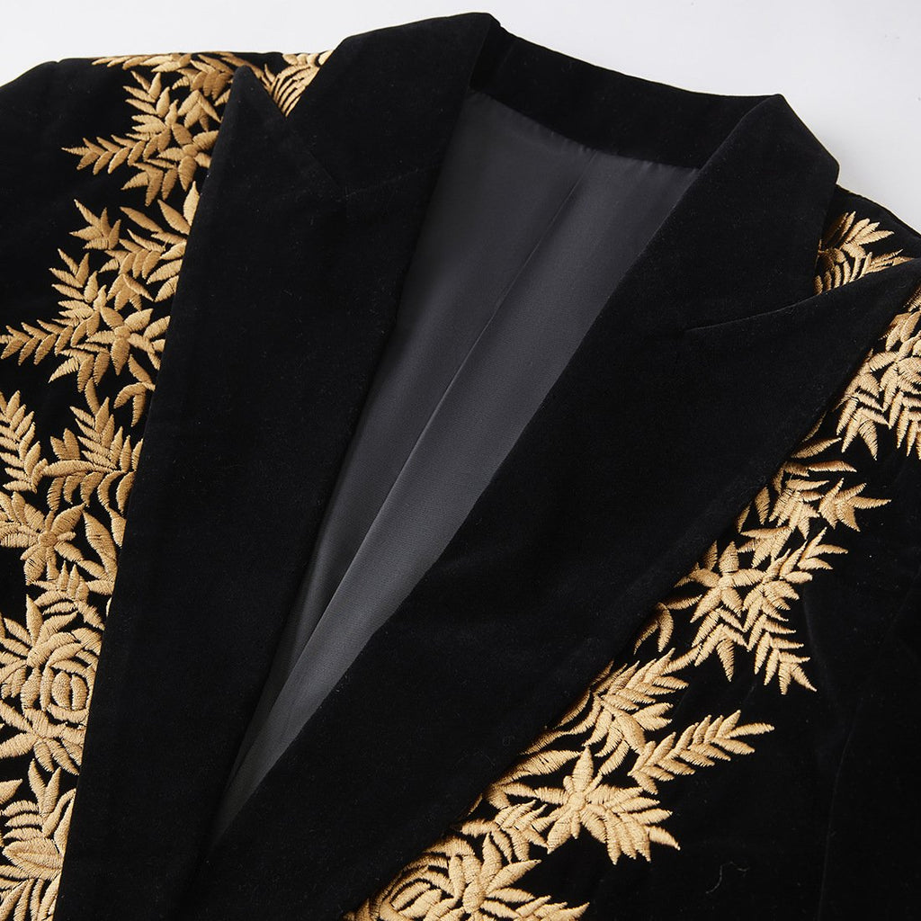 Men's Luxury Gold Embroidered Black Velvet Tuxedo Blazer