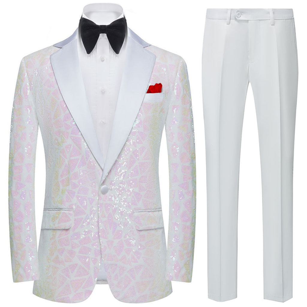 Men's Sequin Pink Geometric Mosaic White Tuxedo