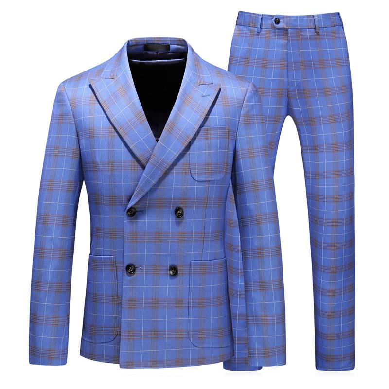 Men's Three-Piece Double-Breasted Light Blue Plaid Suit