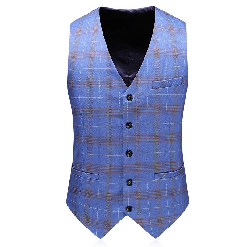 Men's Three-Piece Double-Breasted Light Blue Plaid Suit