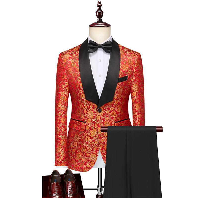 Men's 2-piece Floral Pattern Jacquard Red Tuxedo