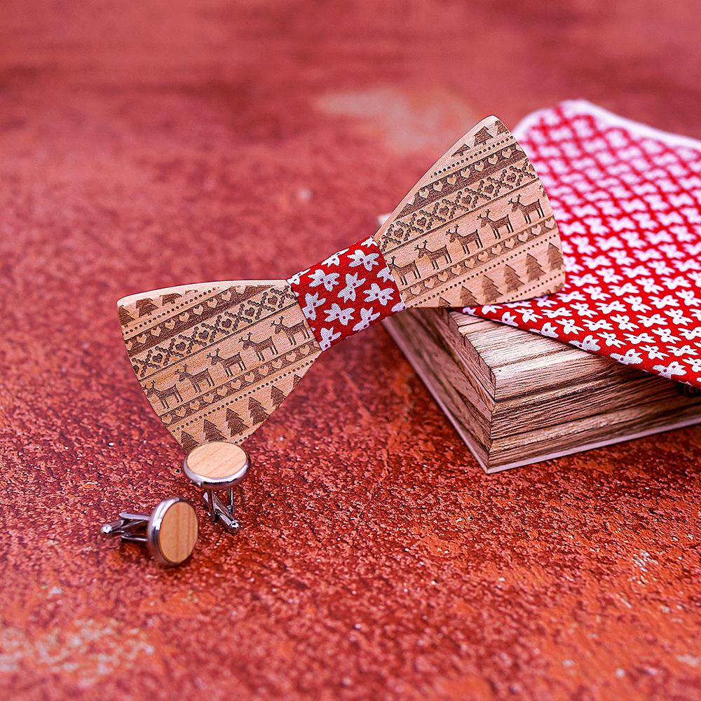 Handmade Wood Bow Tie Set 3-Piece for Christmas 4 Colors