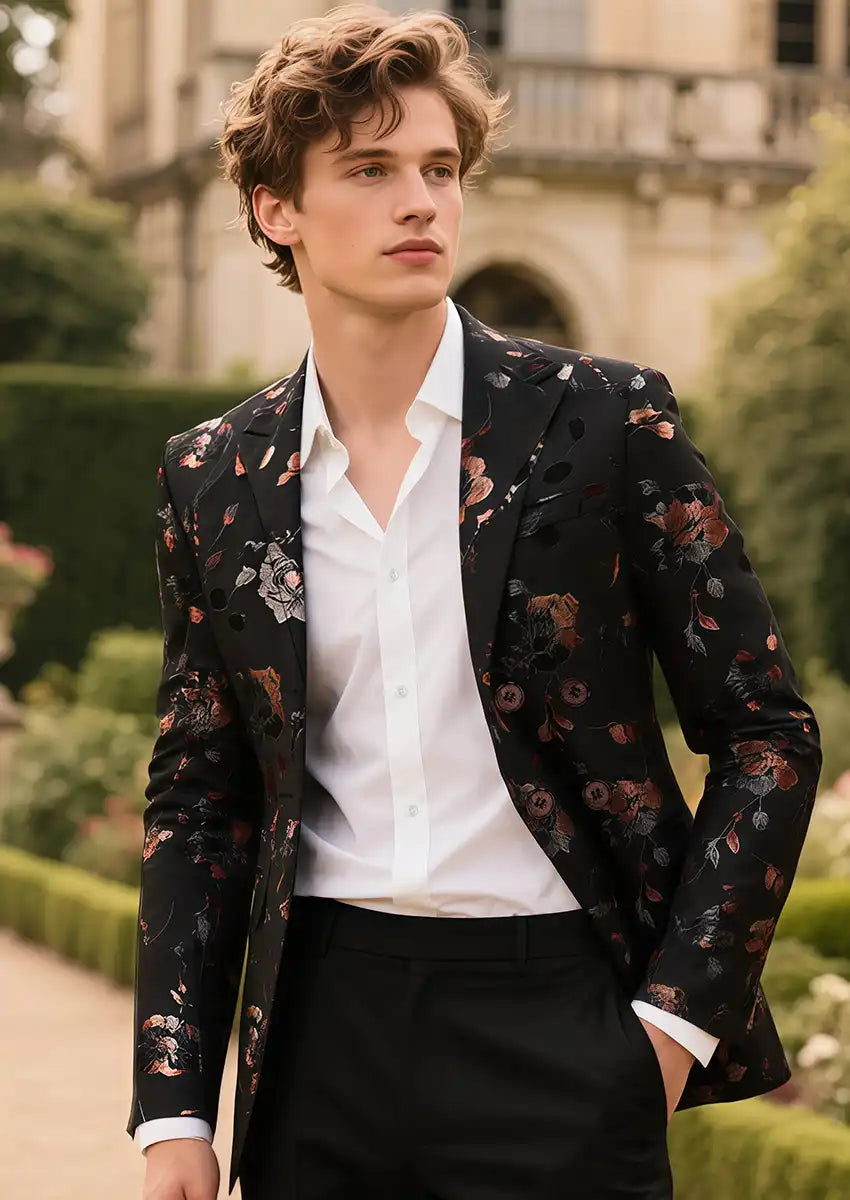 Men's Double-breasted Gold and Silver Floral Black Tuxedo Jacket