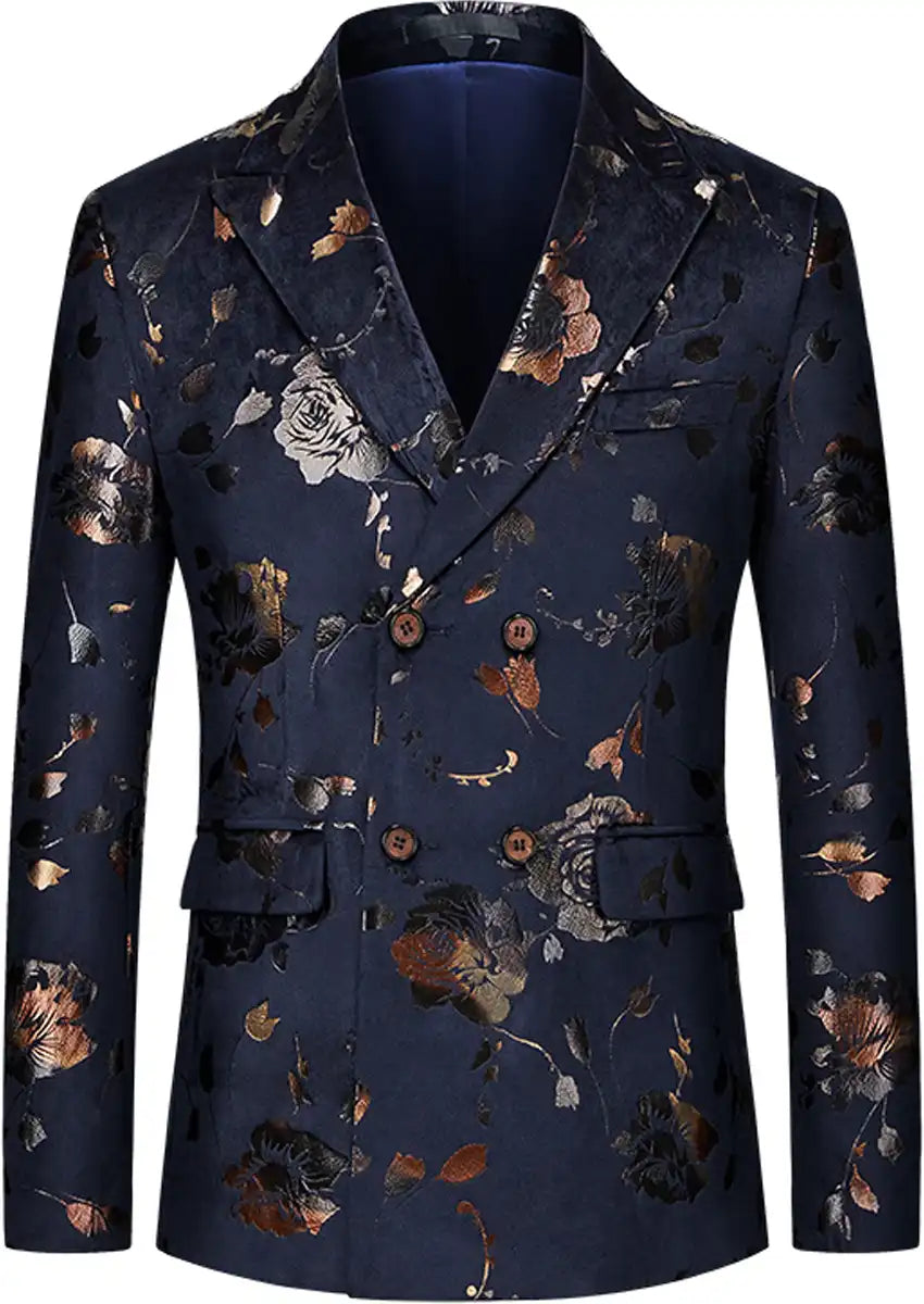 Men's Double-breasted Gold and Silver Floral Navy Blazer