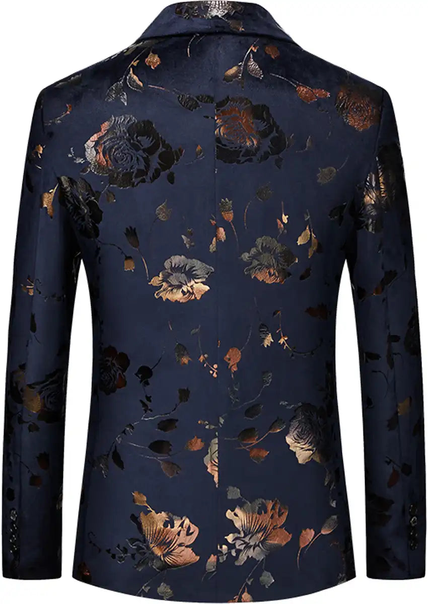 Men's Double-breasted Gold and Silver Floral Navy Blazer