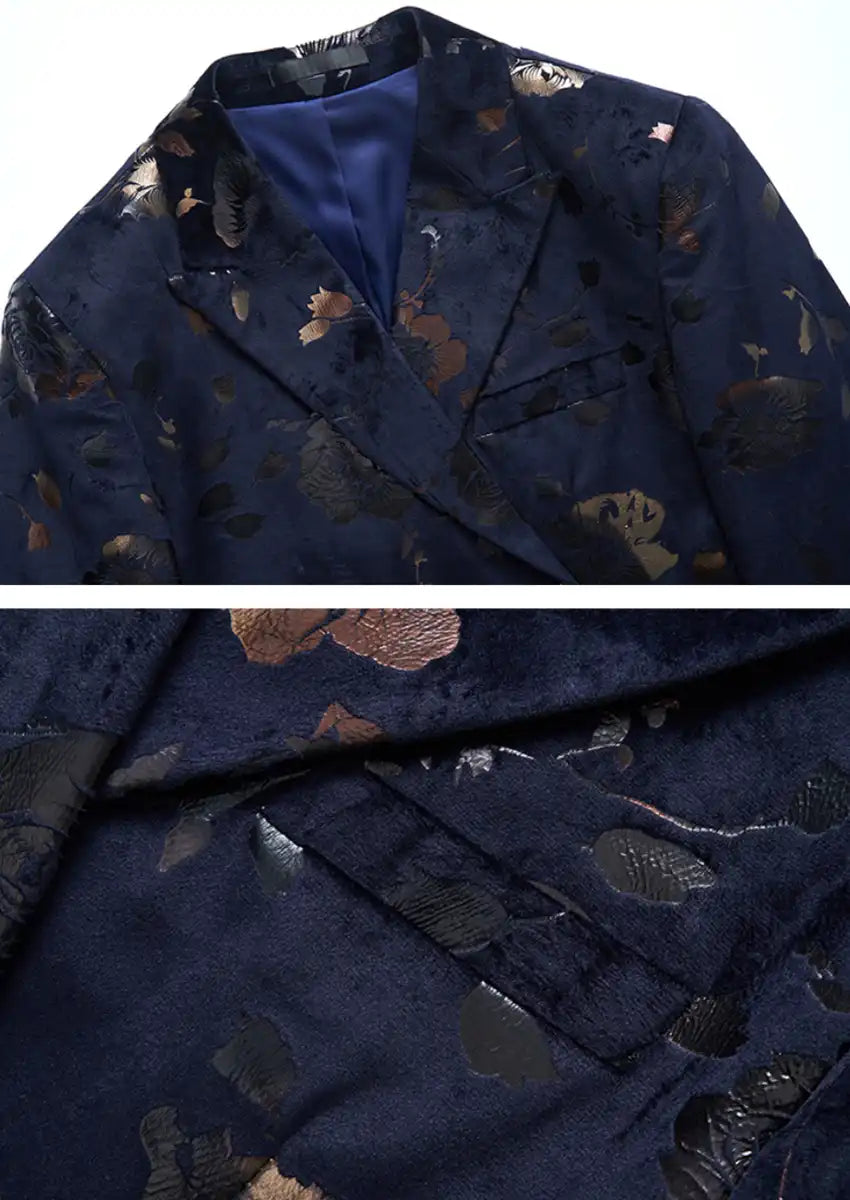 Men's Double-breasted Gold and Silver Floral Navy Blazer