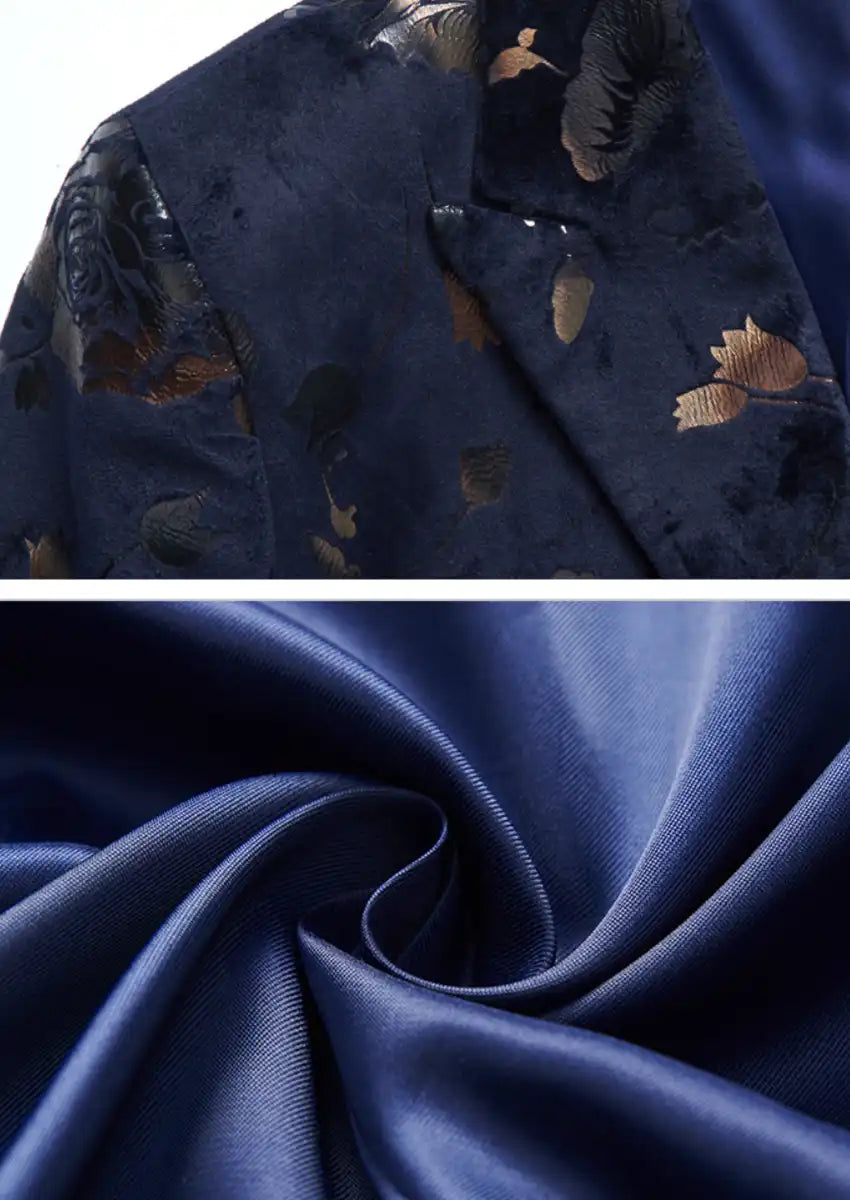 Men's Double-breasted Gold and Silver Floral Navy Blazer