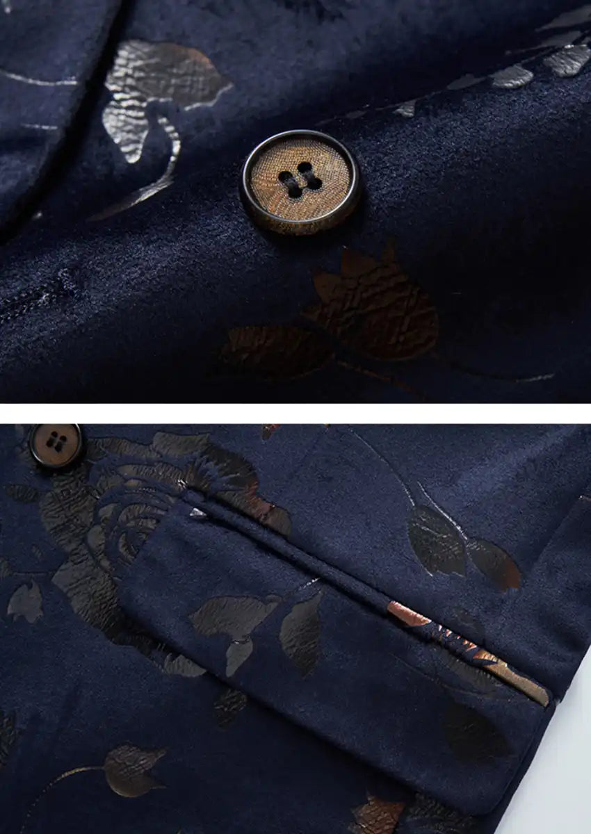 Men's Double-breasted Gold and Silver Floral Navy Blazer