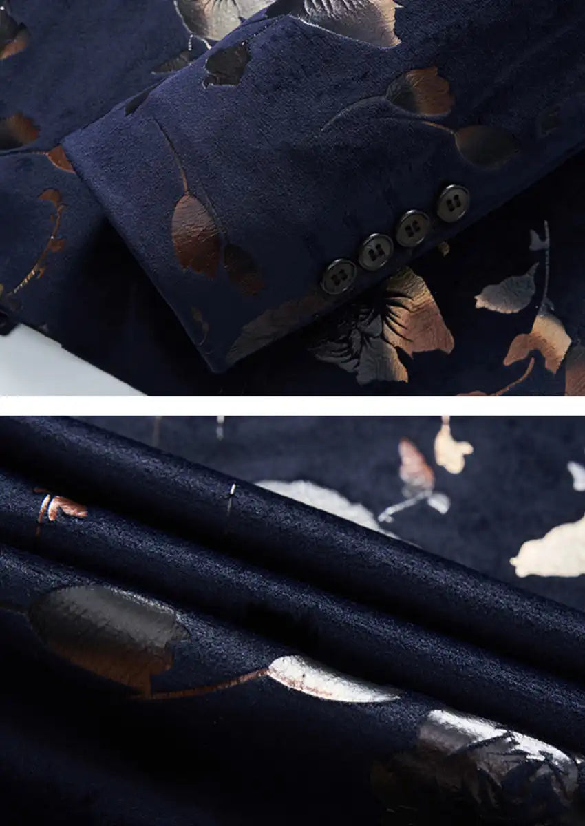 Men's Double-breasted Gold and Silver Floral Navy Blazer