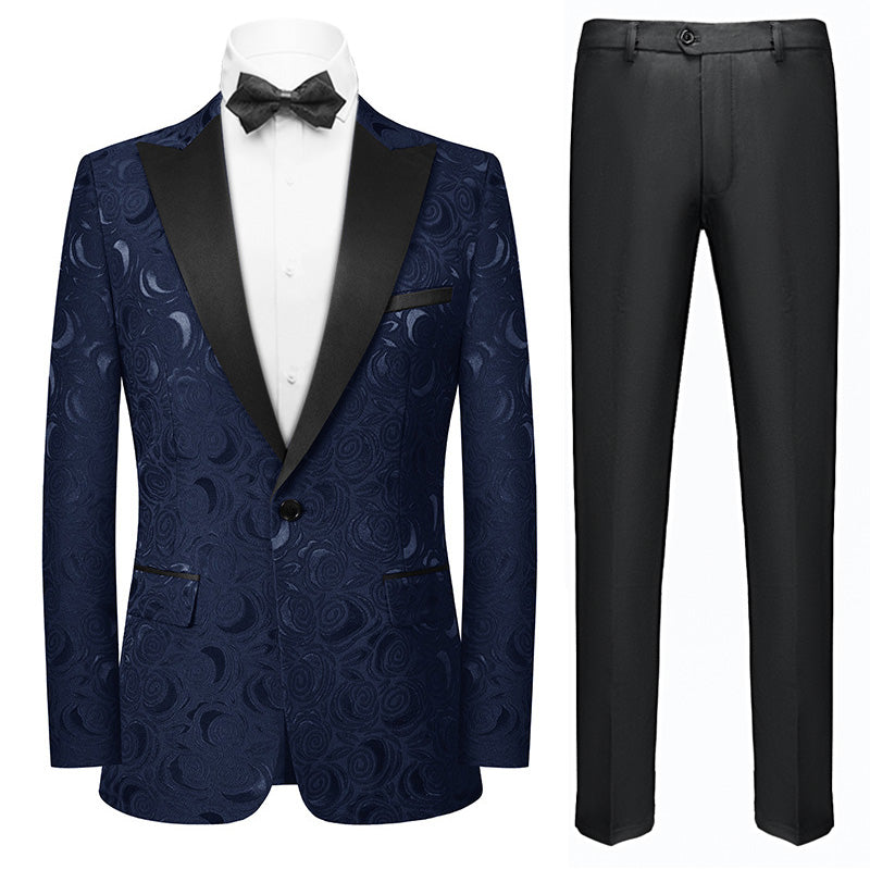 Men's 2-Piece Rose Jacquard Dark Blue Wedding Suit for Groom