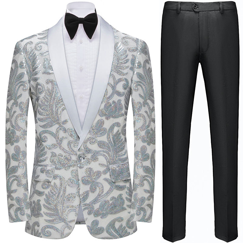 Men's Exquisite Shawl Lapel Silver Paisley White Tuxedo Jacket