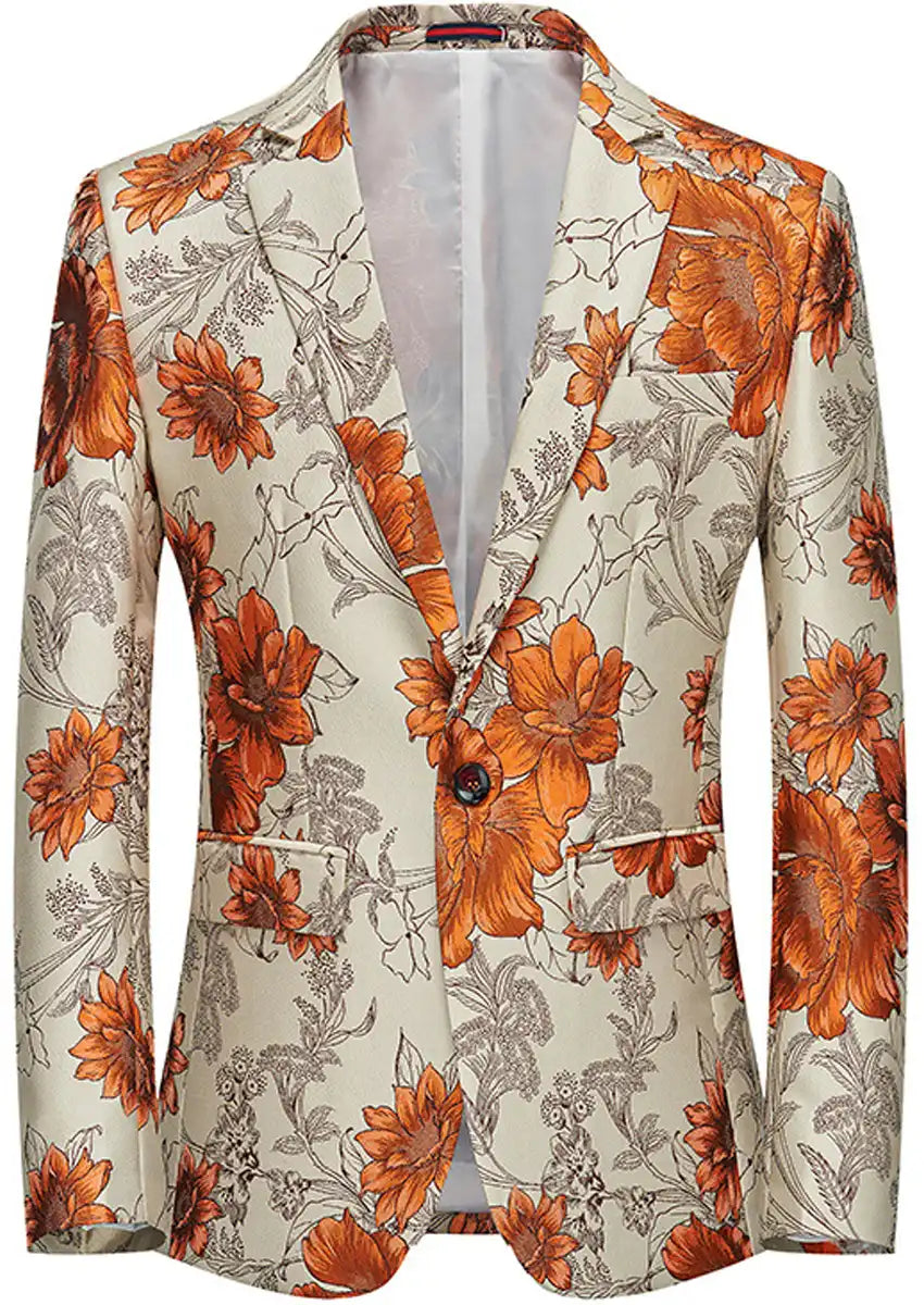 Men's Notched Lapel Orange Floral Jacquard Beige Blazer