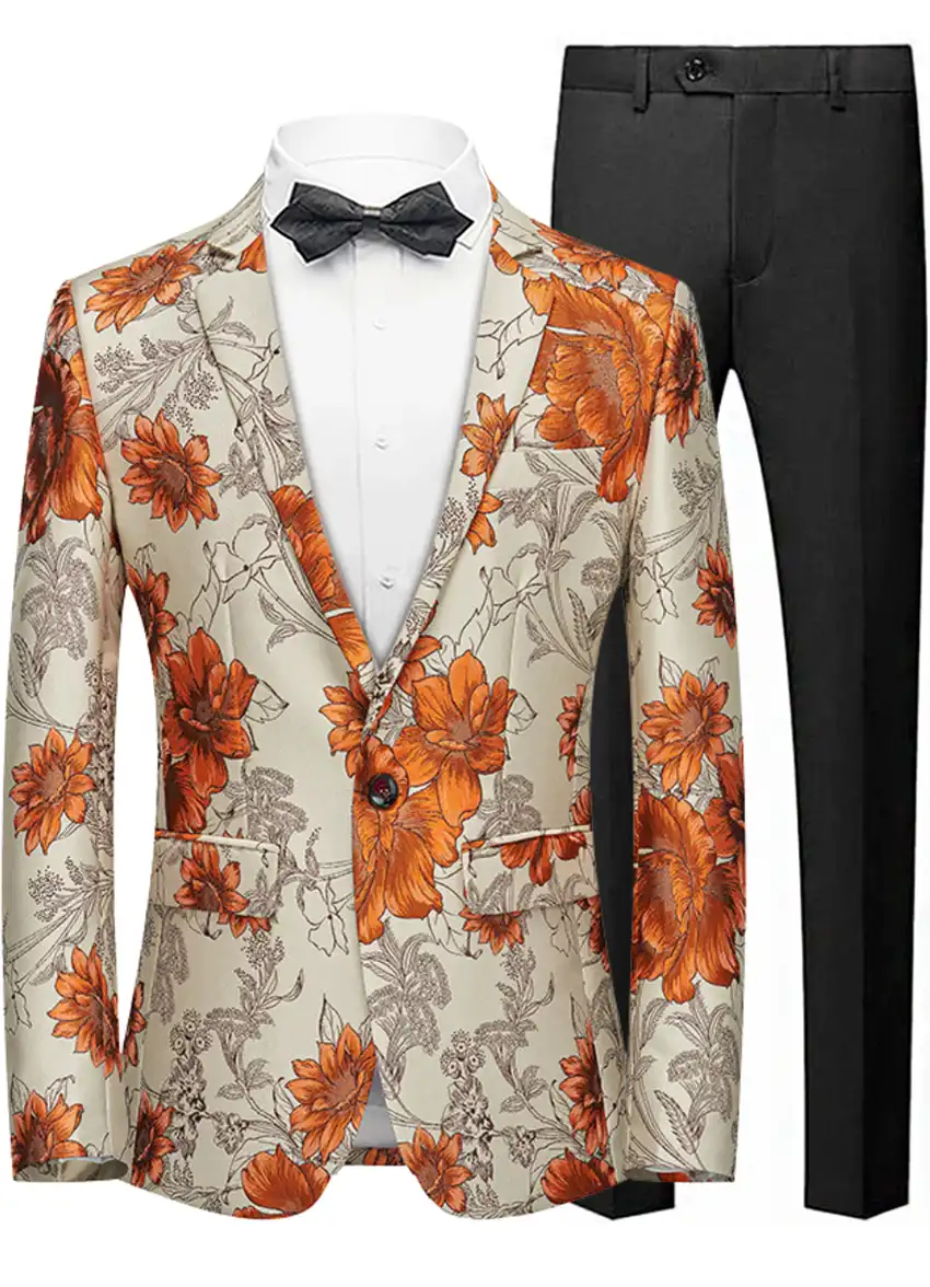 Men's Notched Lapel Orange Floral Jacquard Beige Blazer