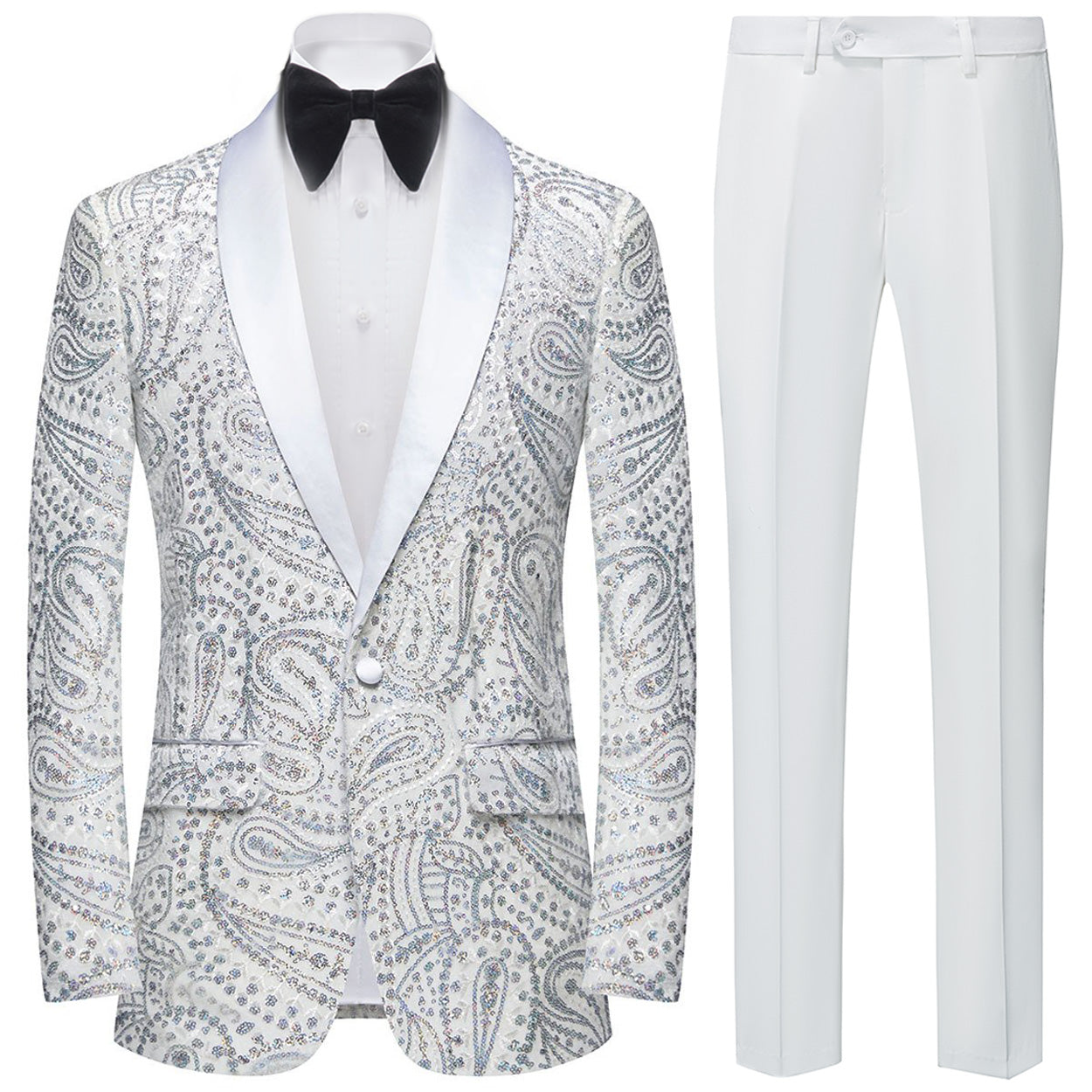 Men's Silver Sequin Paisley Dark White Tuxedo Jacket