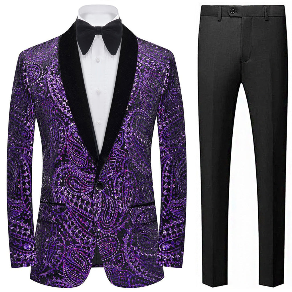 Men's Sequin Blue Paisley Dark Purple Tuxedo Jacket