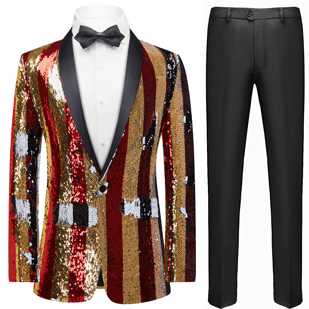 Men's Reversible Full Sequin Gold and Red Pinstripe Suit