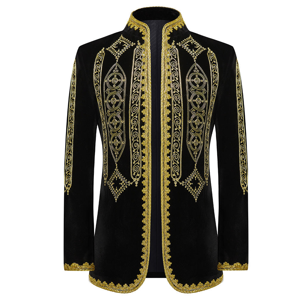 Men's Luxury Gold Embroided Court Style Black Tuxedo Jacket
