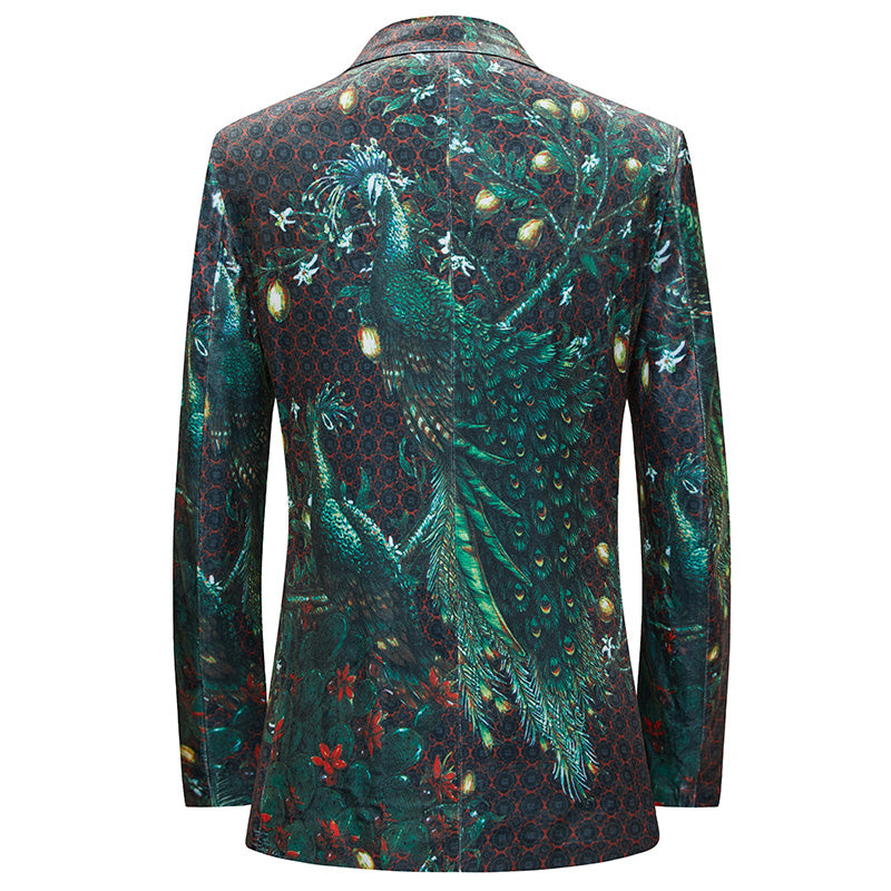 Men's Skin-friendly Fabric Peacock Print Dark Green Tuxedo