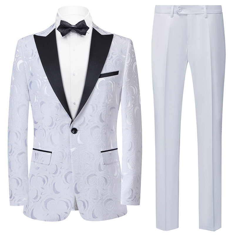 Men's 2-Piece Rose Jacquard White Wedding Suit for Groom