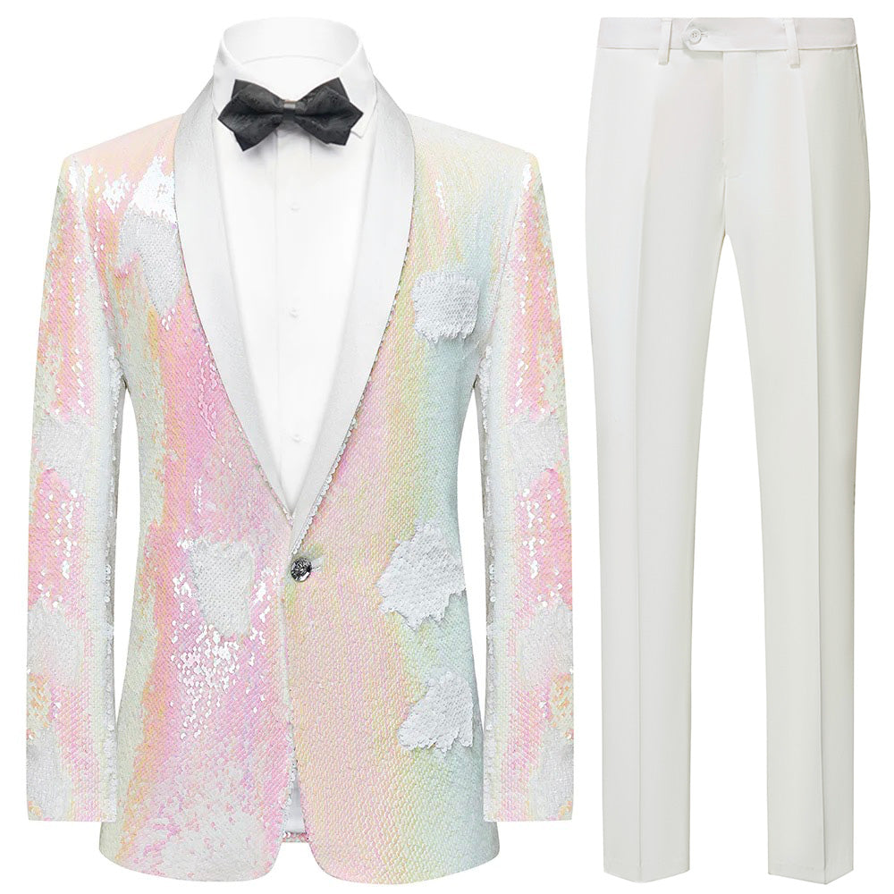 Men's Shawl Lapel Pink Gradient Sequin White Tuxedo